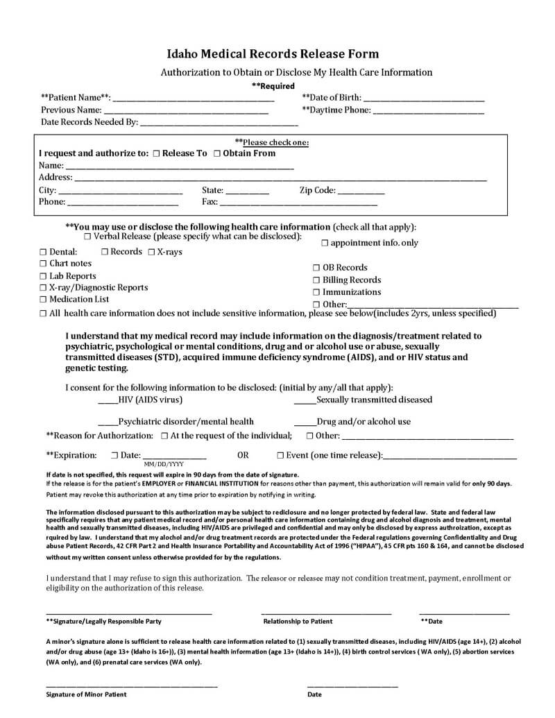 Blank Idaho Medical Record Form 