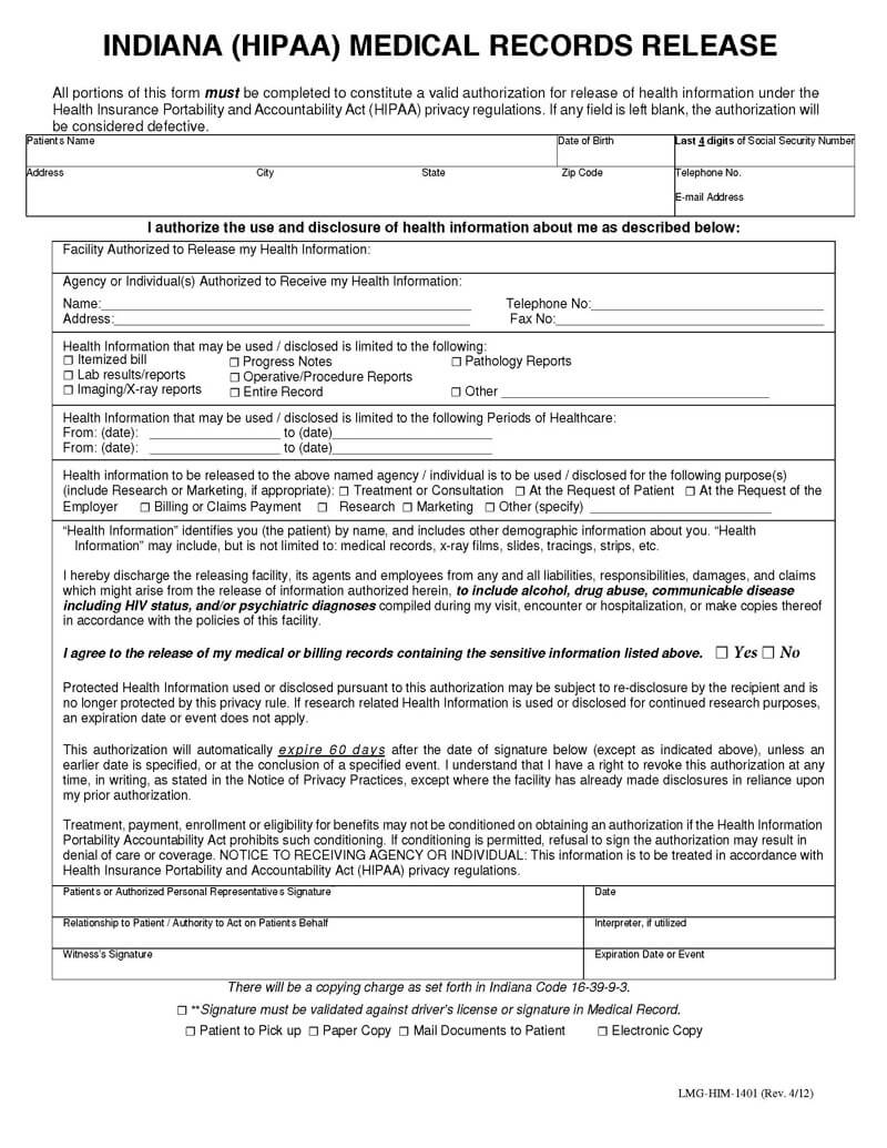 Blank Indiana Medical Record Form 