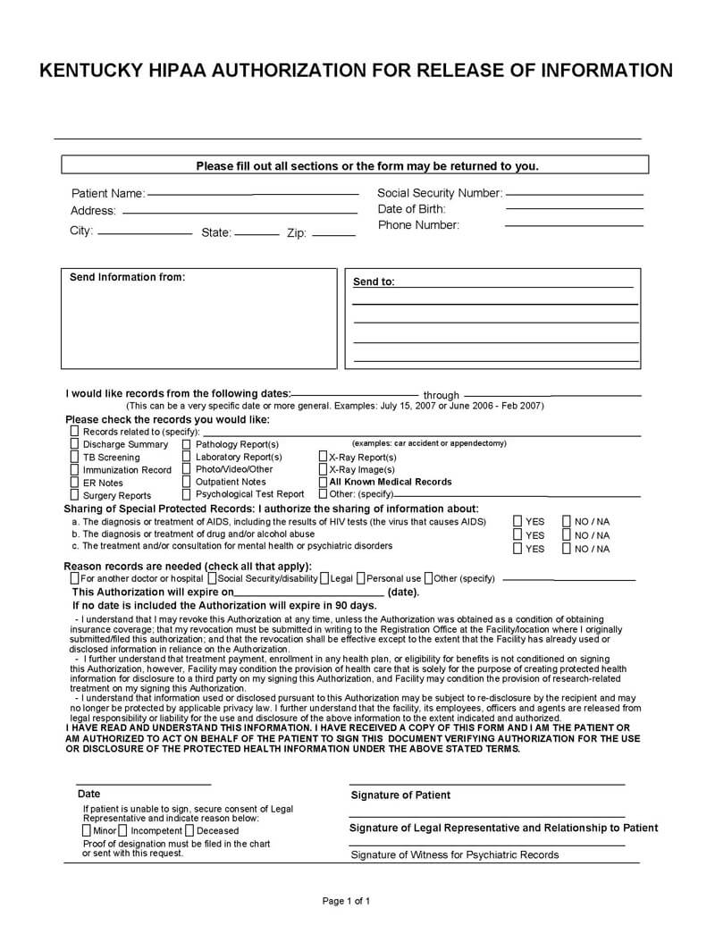 Blank Kentucky Medical Record Form 