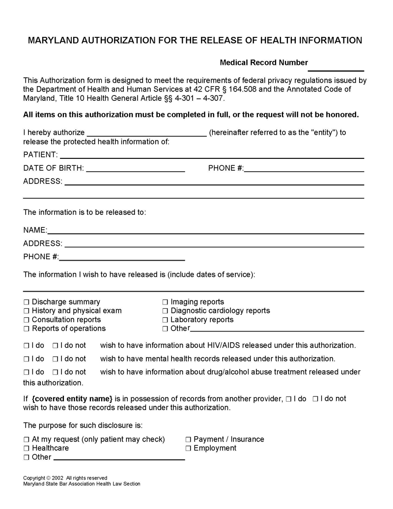Blank Maryland Medical Record Form 