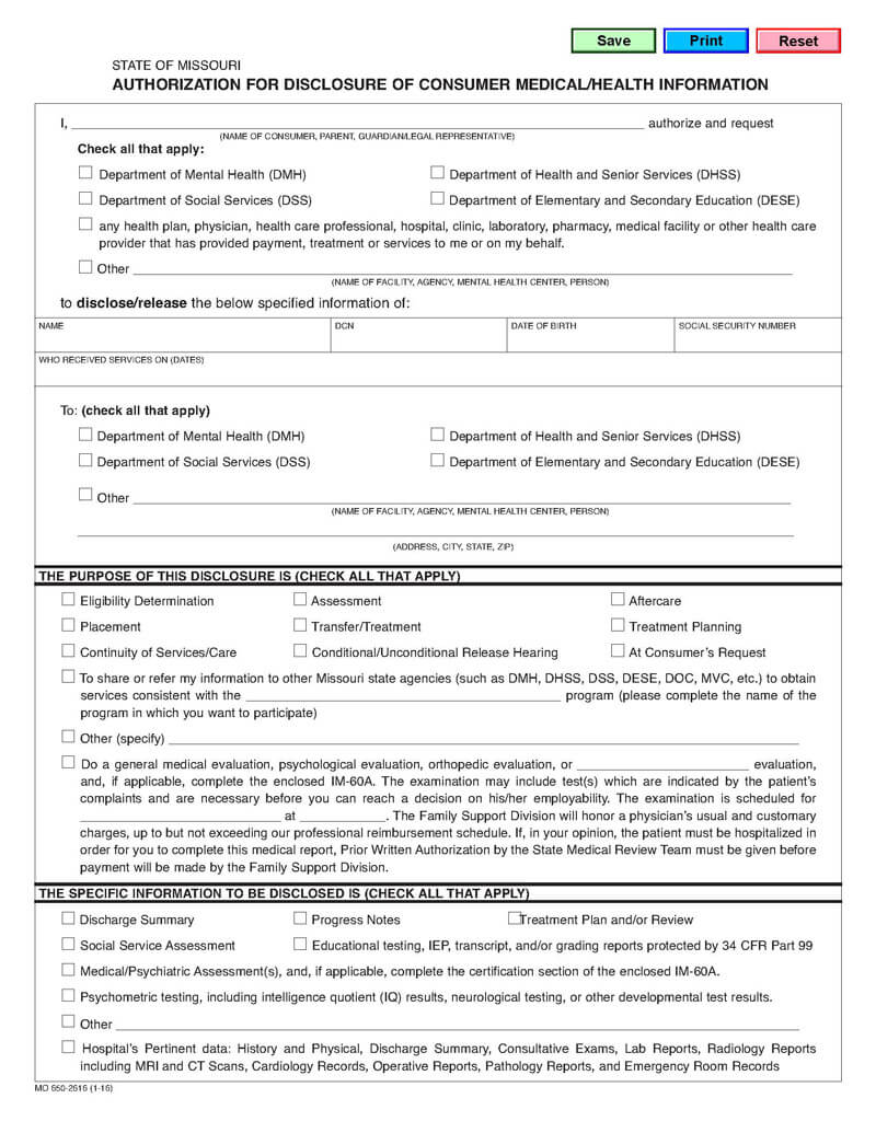 Blank Missouri Medical Record Form 