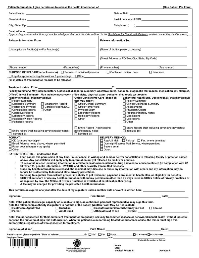 Blank North Carolina Medical Record Form