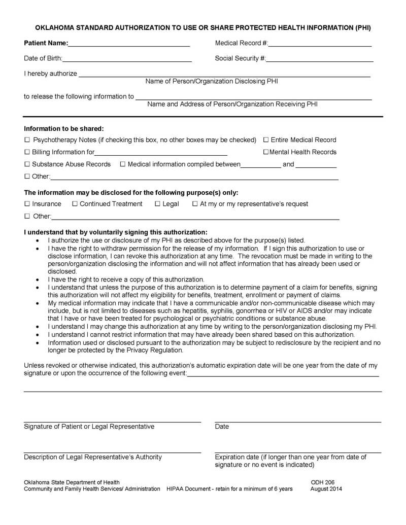 Blank Oklahoma Medical Record Form