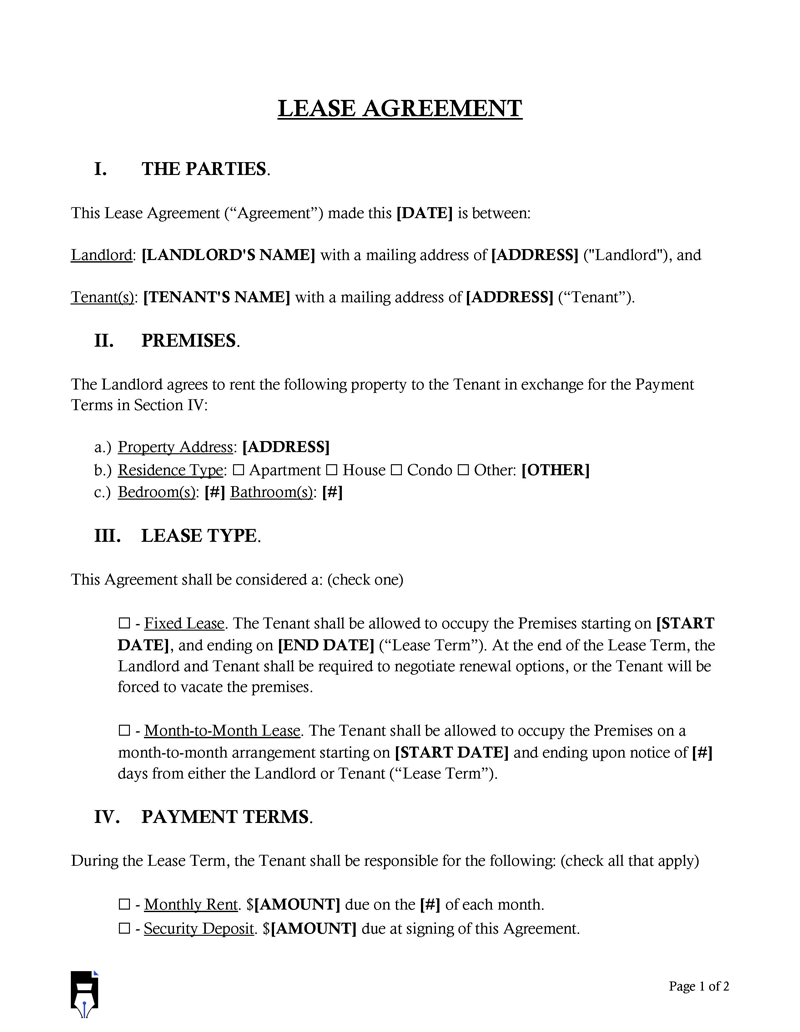One Page Lease Agreement 