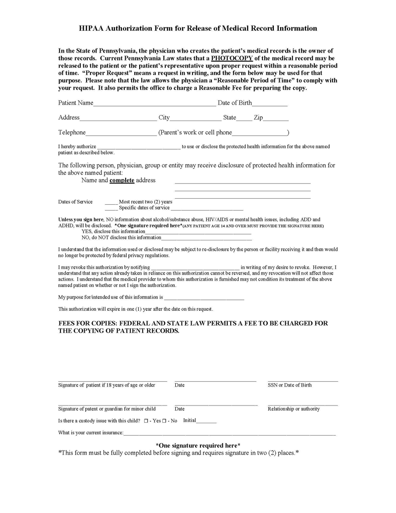 Blank Pennsylvania Medical Record Form 