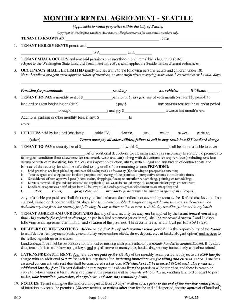 Blank WA – Seattle Month to Month Lease Agreement 
