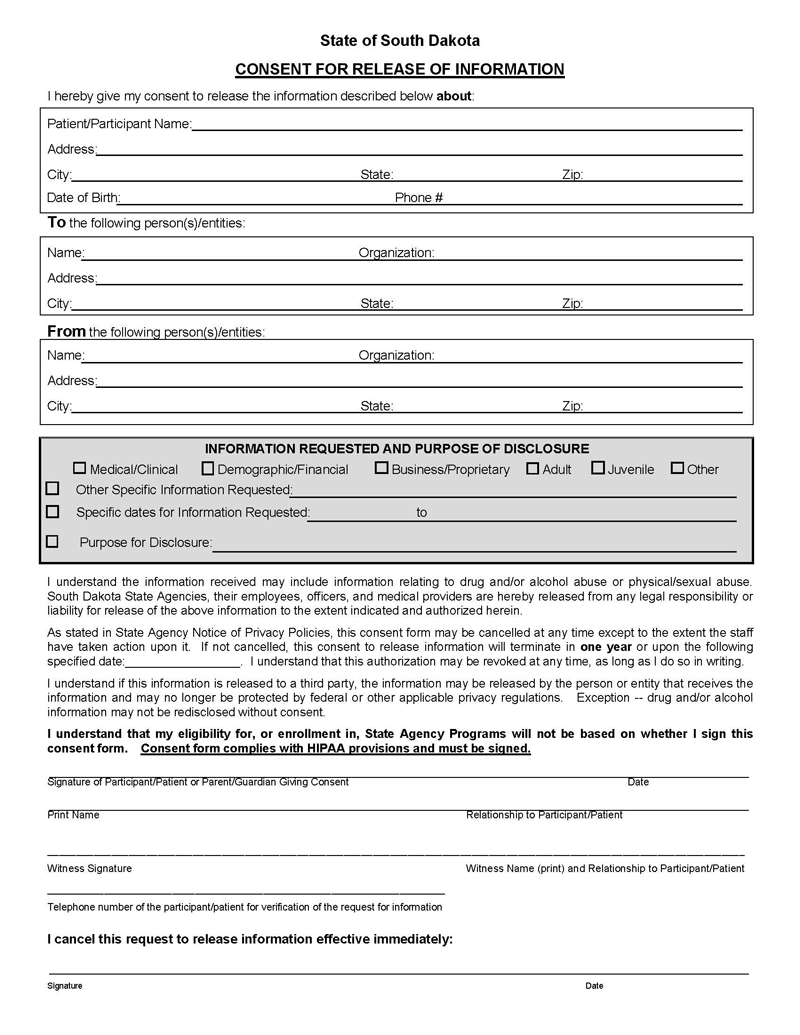 Blank South Dakota Medical Record Form 