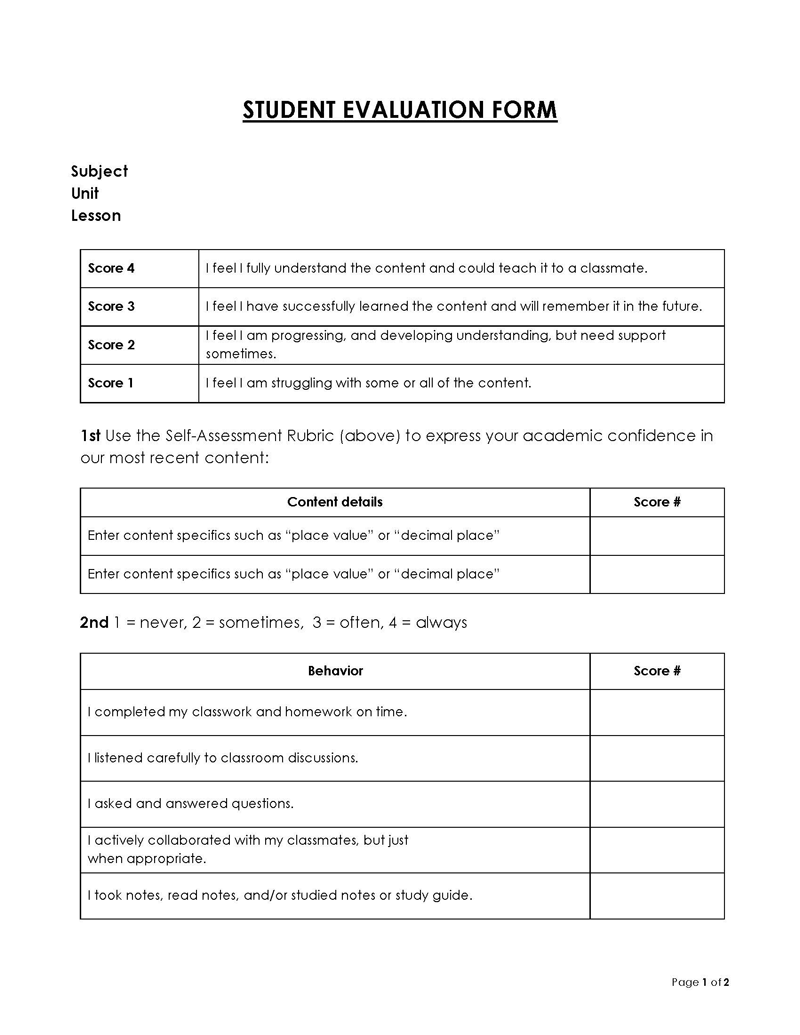 student evaluation form doc