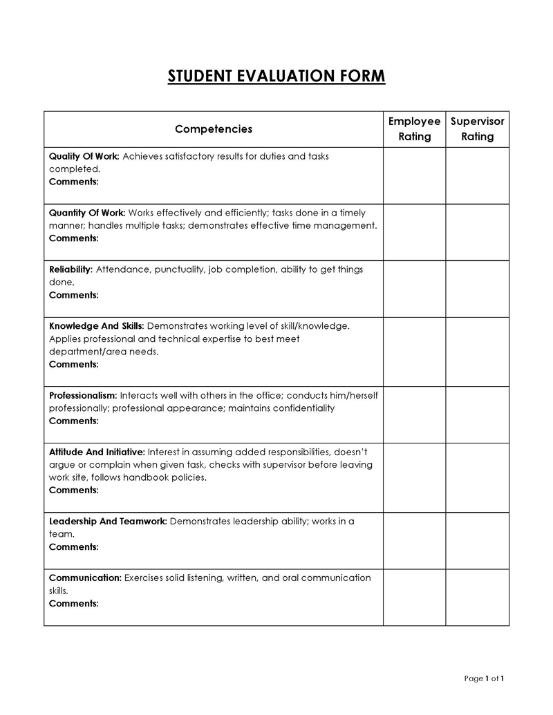 student evaluation form elementary