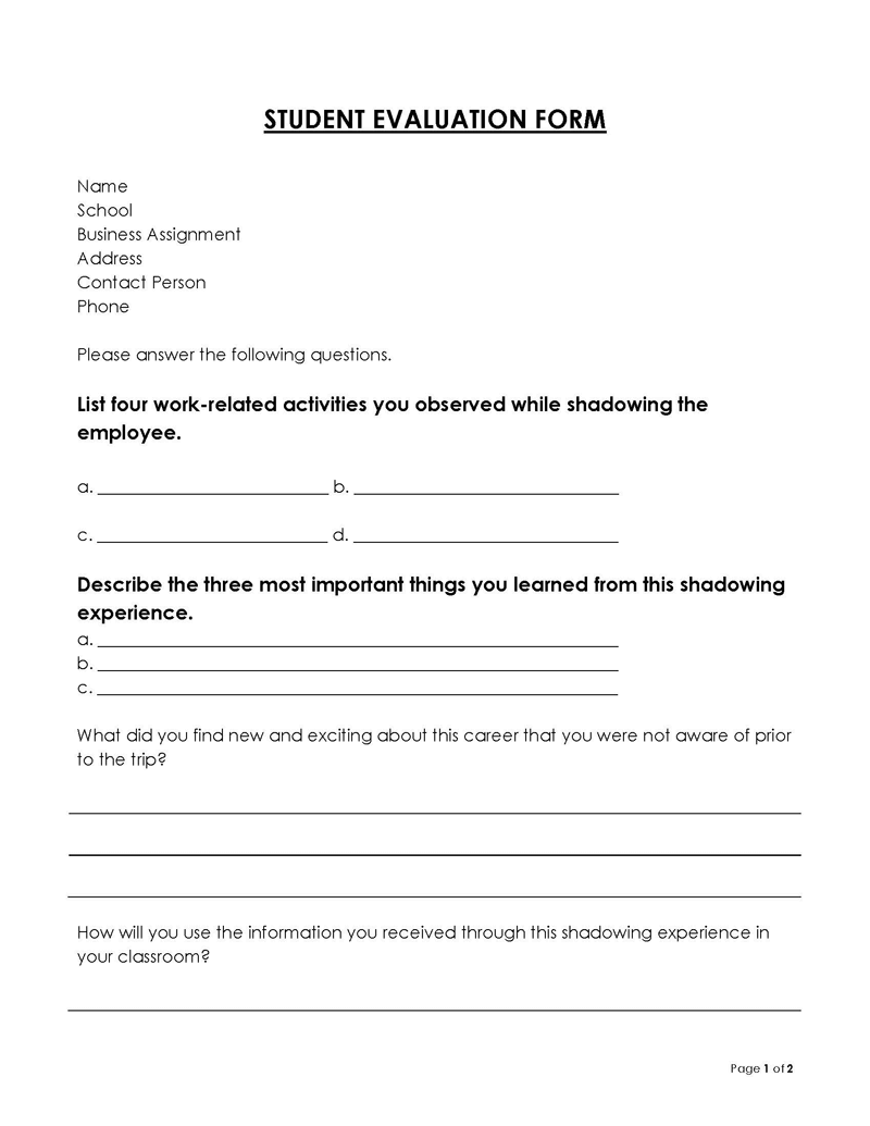 student evaluation form elementary