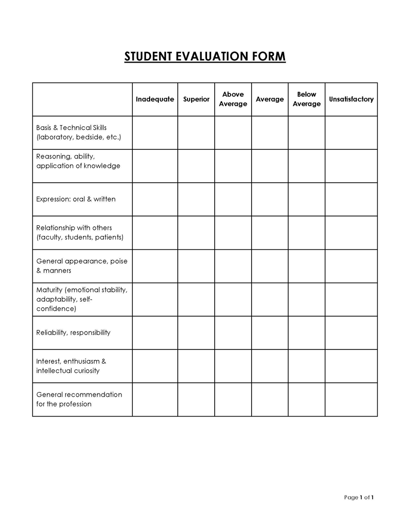 free printable student evaluation forms