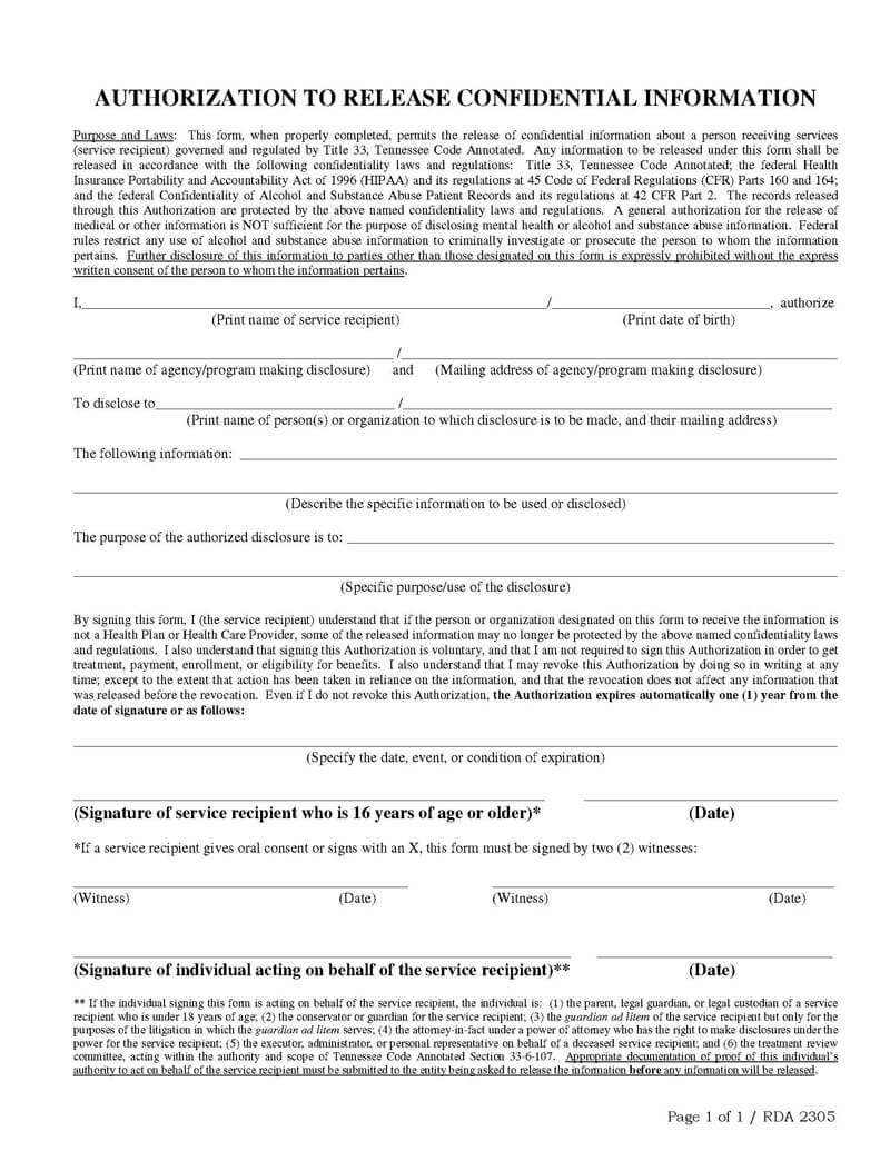 Blank Tennessee Medical Record Form 