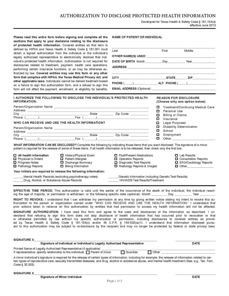 Blank Texas Medical Record Form 