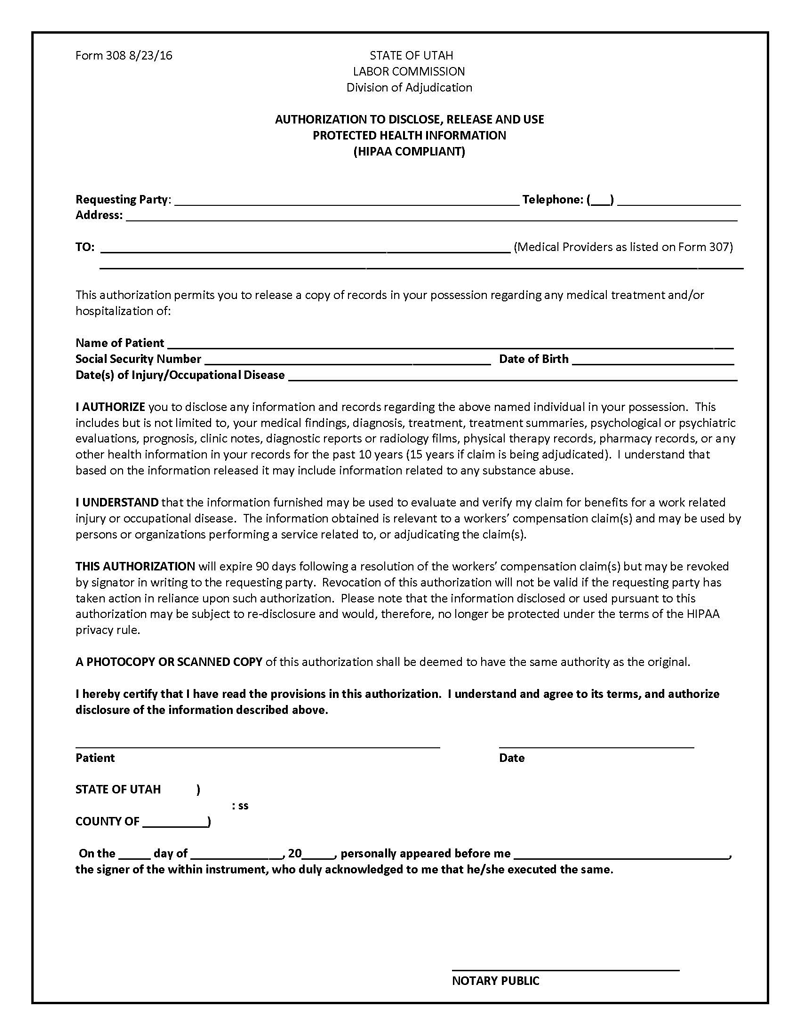 Blank Utah Medical Record Form 
