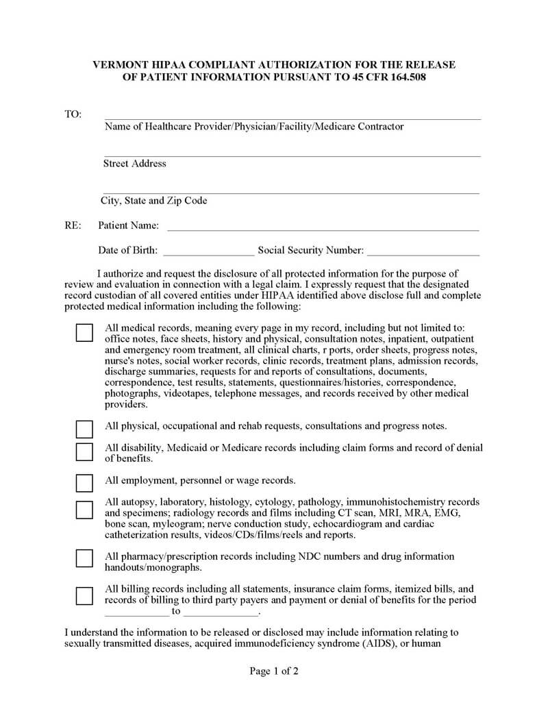 Blank Vermont Medical Record Form 