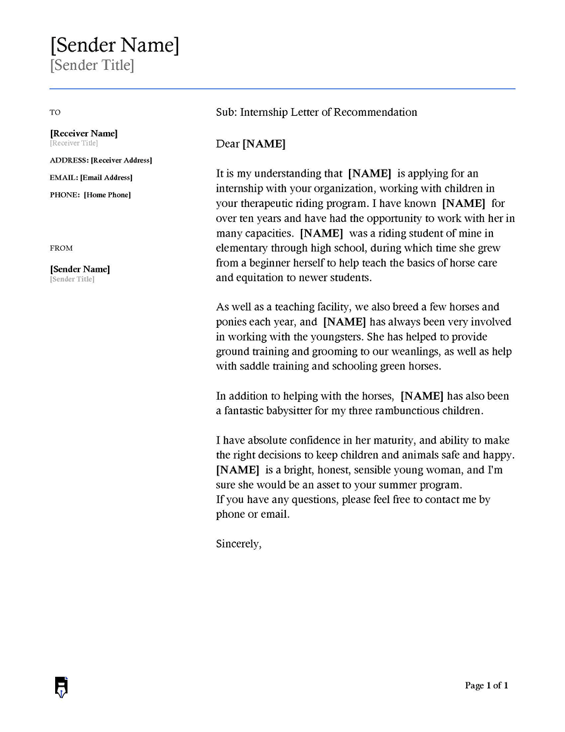 Internship Letter of Recommendation