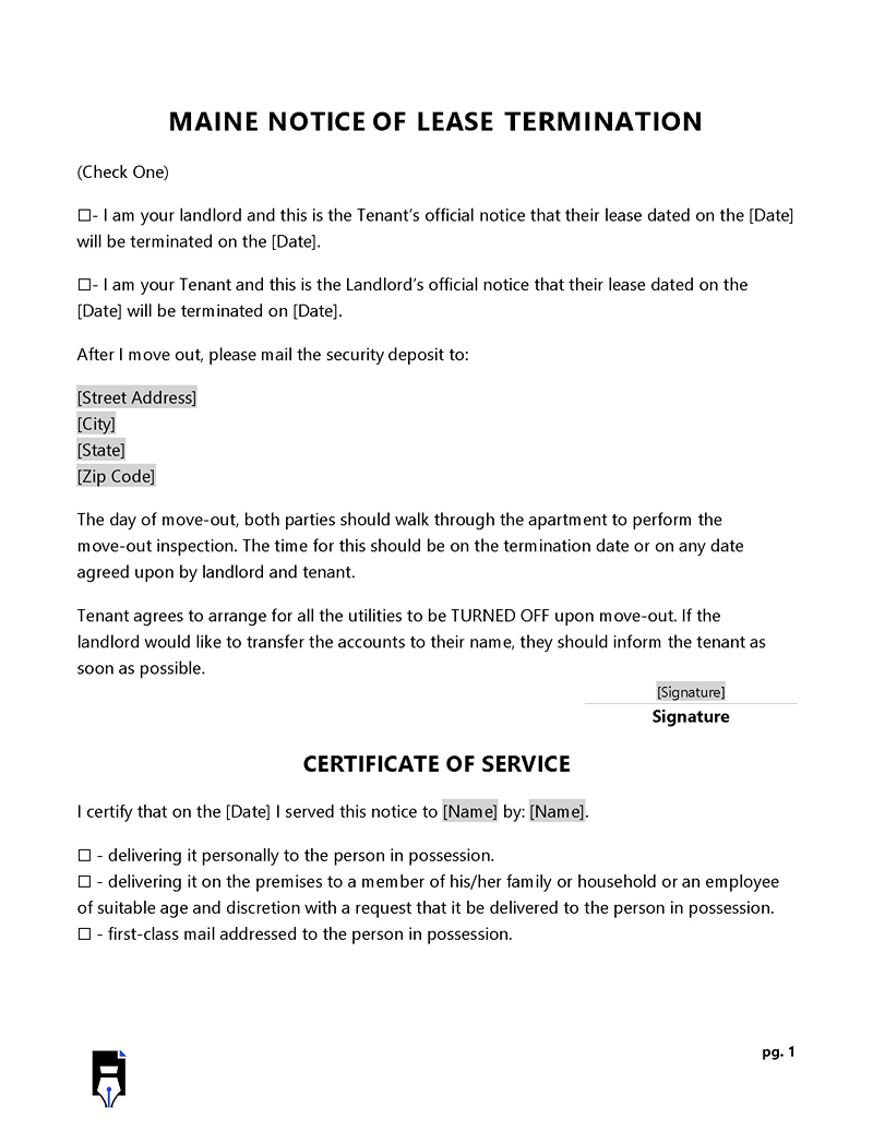 Maine Rental Termination Letter in ms word format