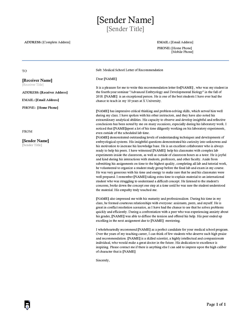 
Medical School Letter of Recommendation