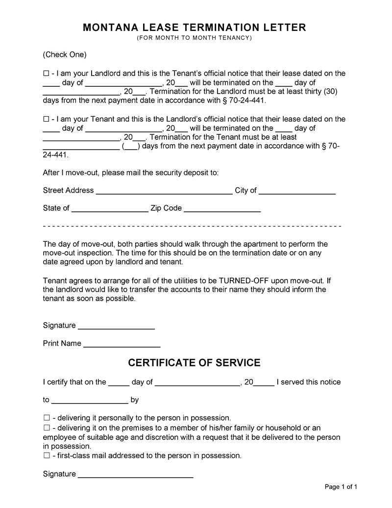 Montana Rental Termination Letter in word
