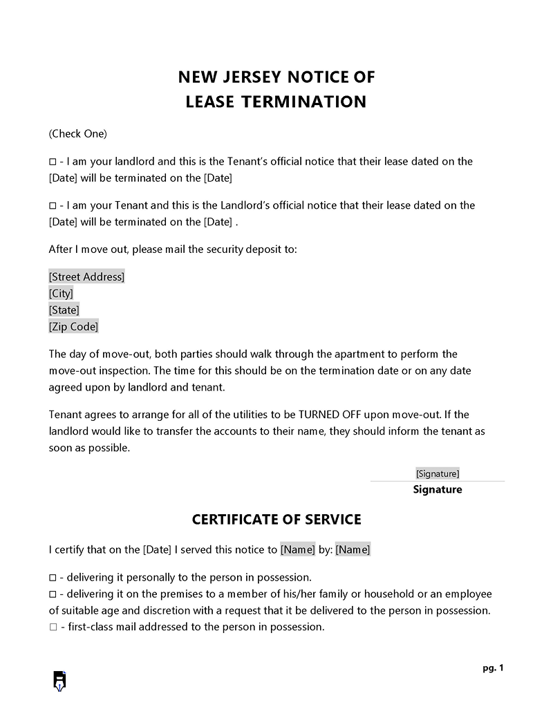 New Jersey Rental Termination Letter in word