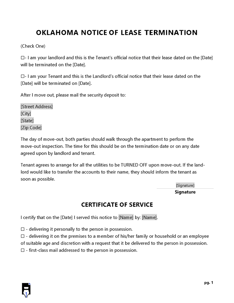 Oklahoma Rental Termination Letter in ms word