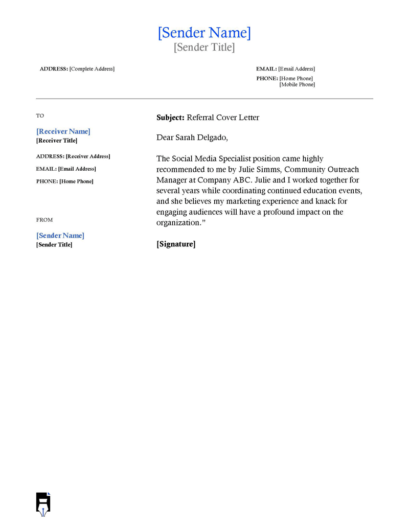 Referral Cover Letter Examples [Free Templates], image size:800x1035