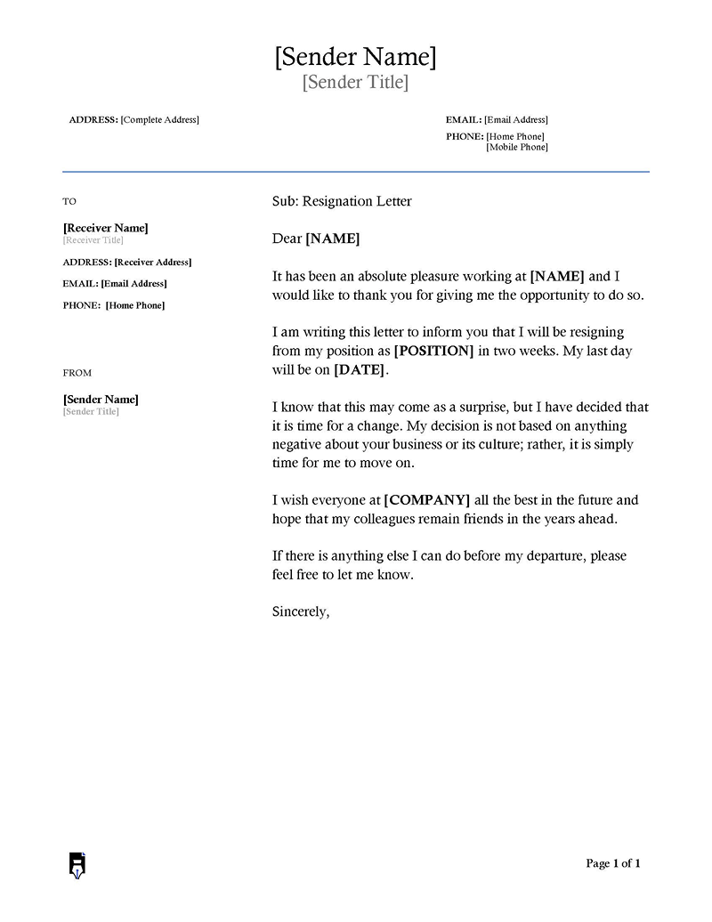 25 Professional Resignation Letter Examples (Free Templates), image size:800x1036