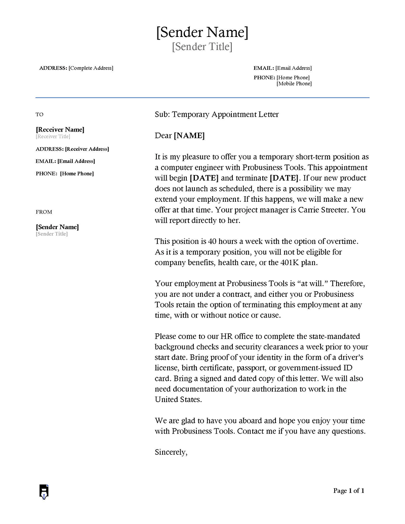 Temporary Appointment letter
