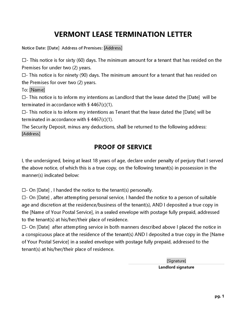 Vermont Rental Termination Letter in word format