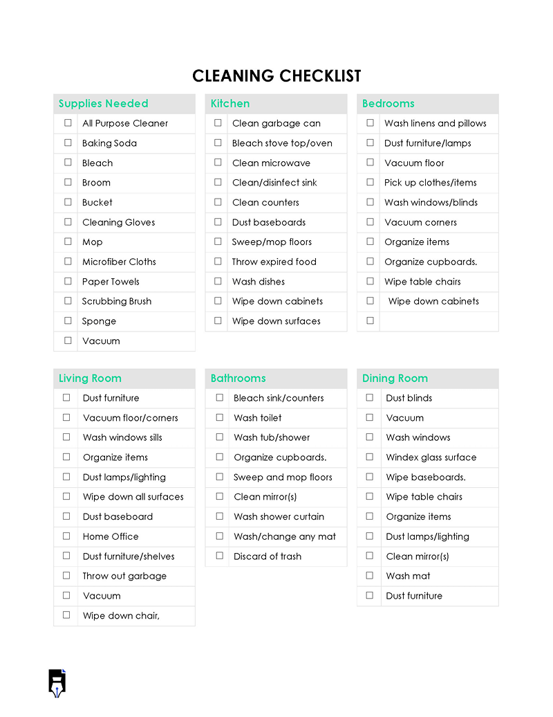 Free House Cleaning Checklists - Editable - Word