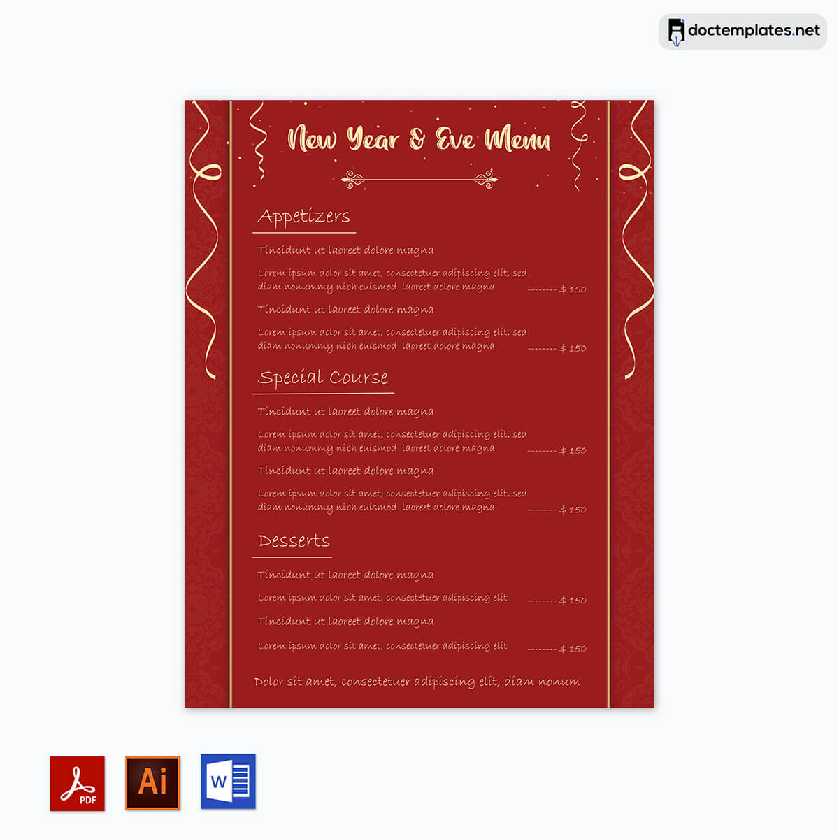 new years eve menu template word