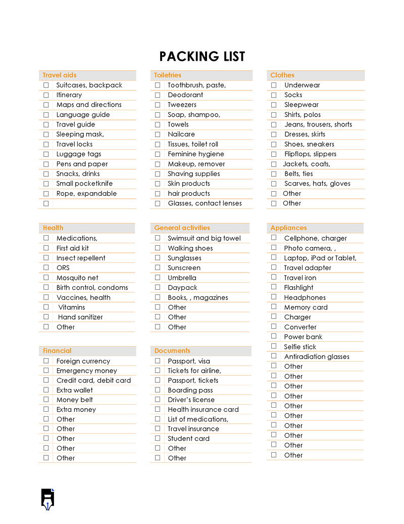 Travel packing list in ms word