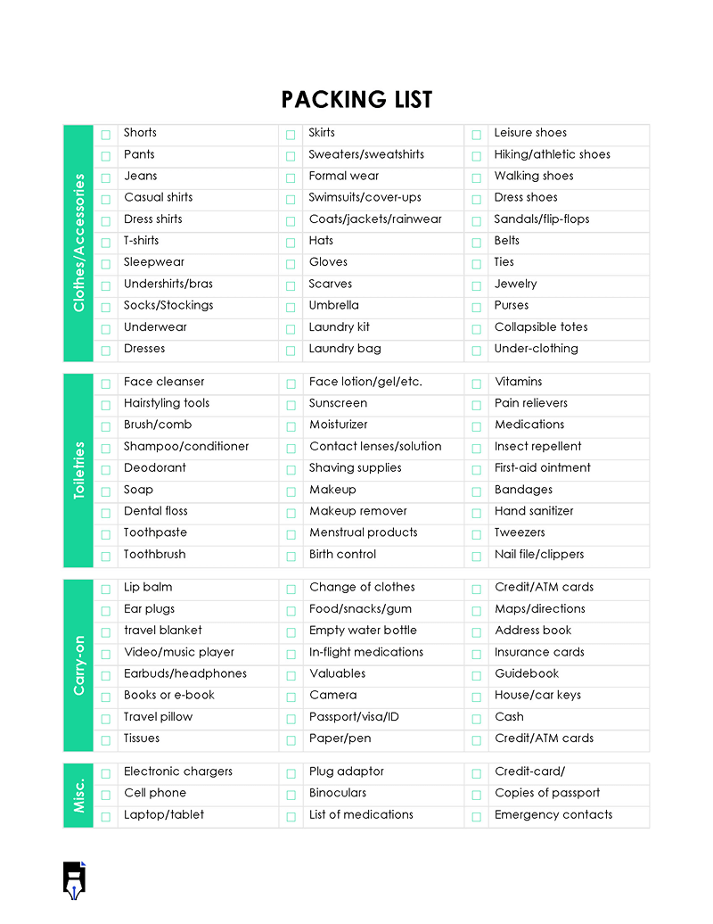 Vacation packing list in ms word format