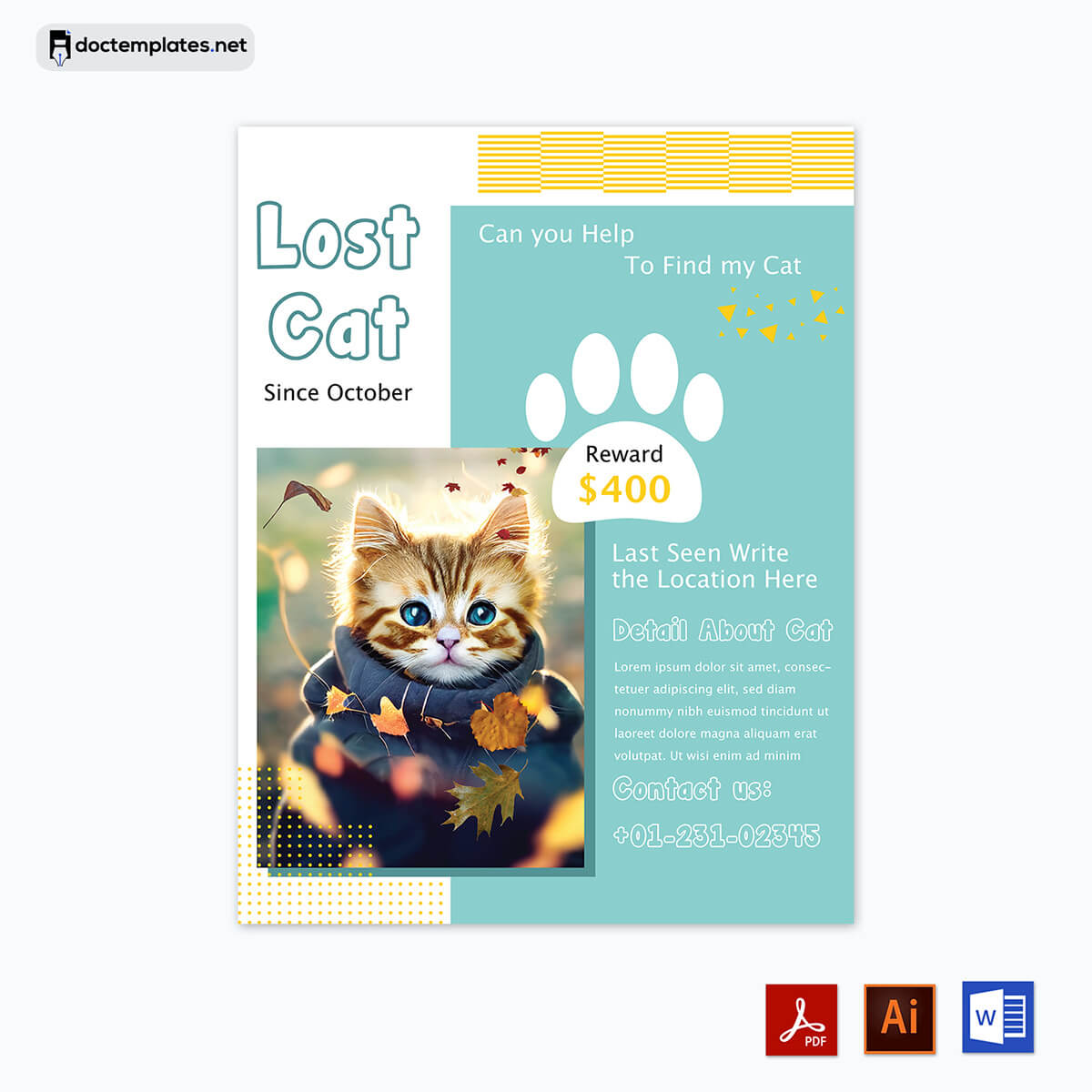 "Word-Based Pet Finder Template" - Generate a powerful lost pet flyer in Word with this convenient template.