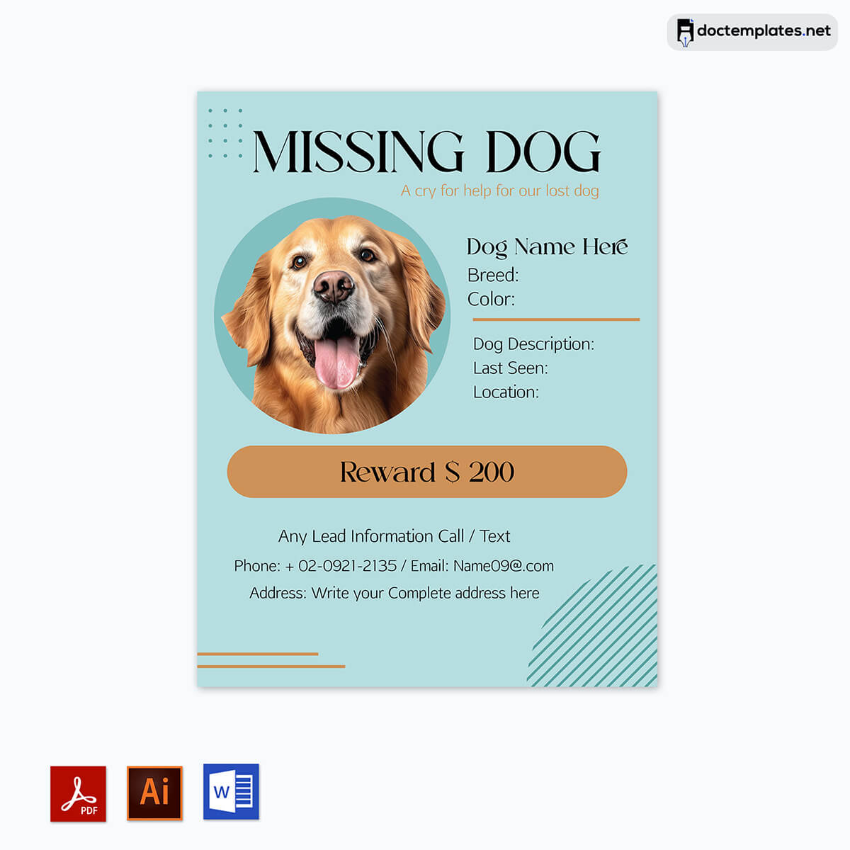 "Cat-Dog Lost Flyer Template" - A customizable template for creating a lost flyer for missing cats and dogs.