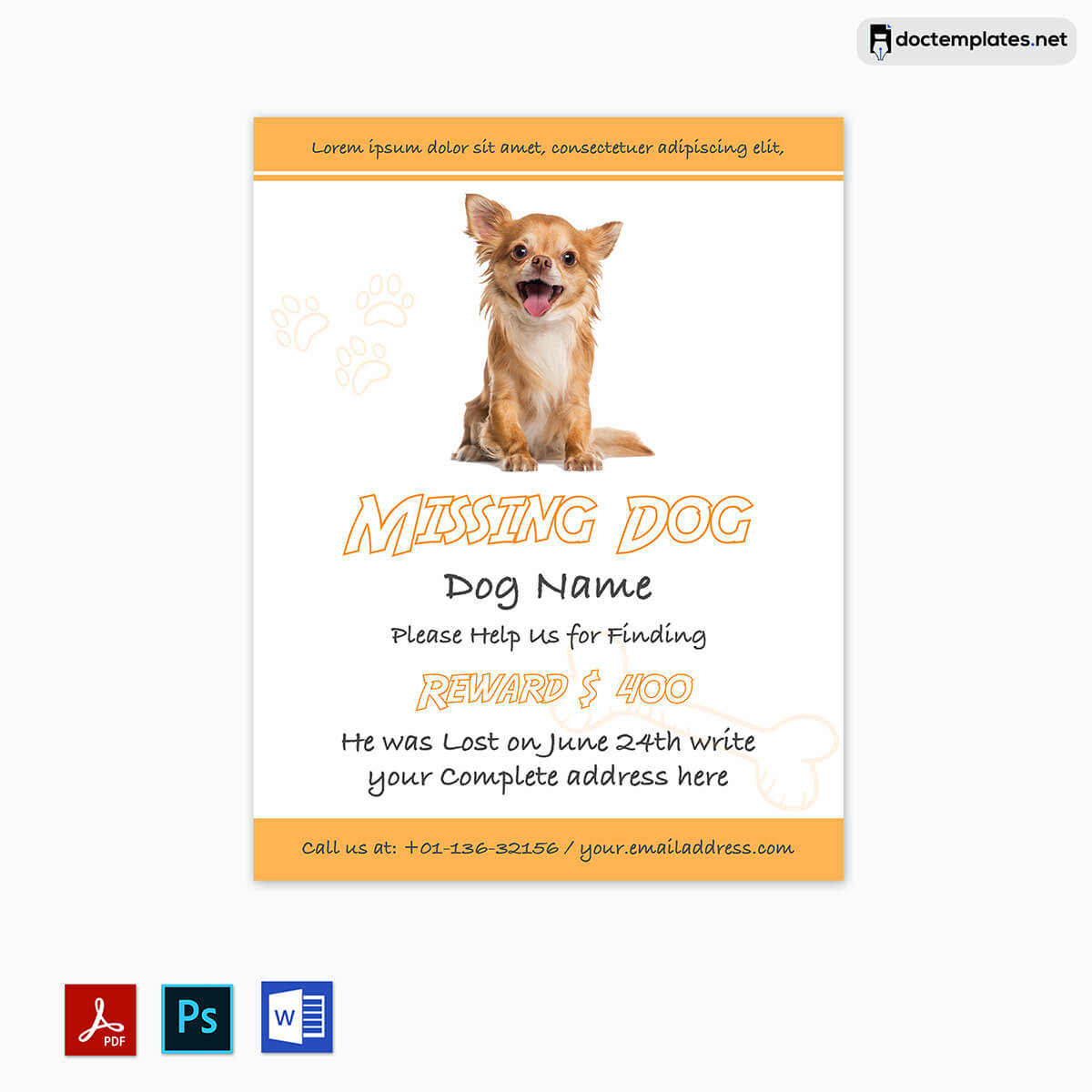 "Word-Based Cat-Dog Flyer" - Create a compelling lost pet flyer in Word with this template for cats and dogs.