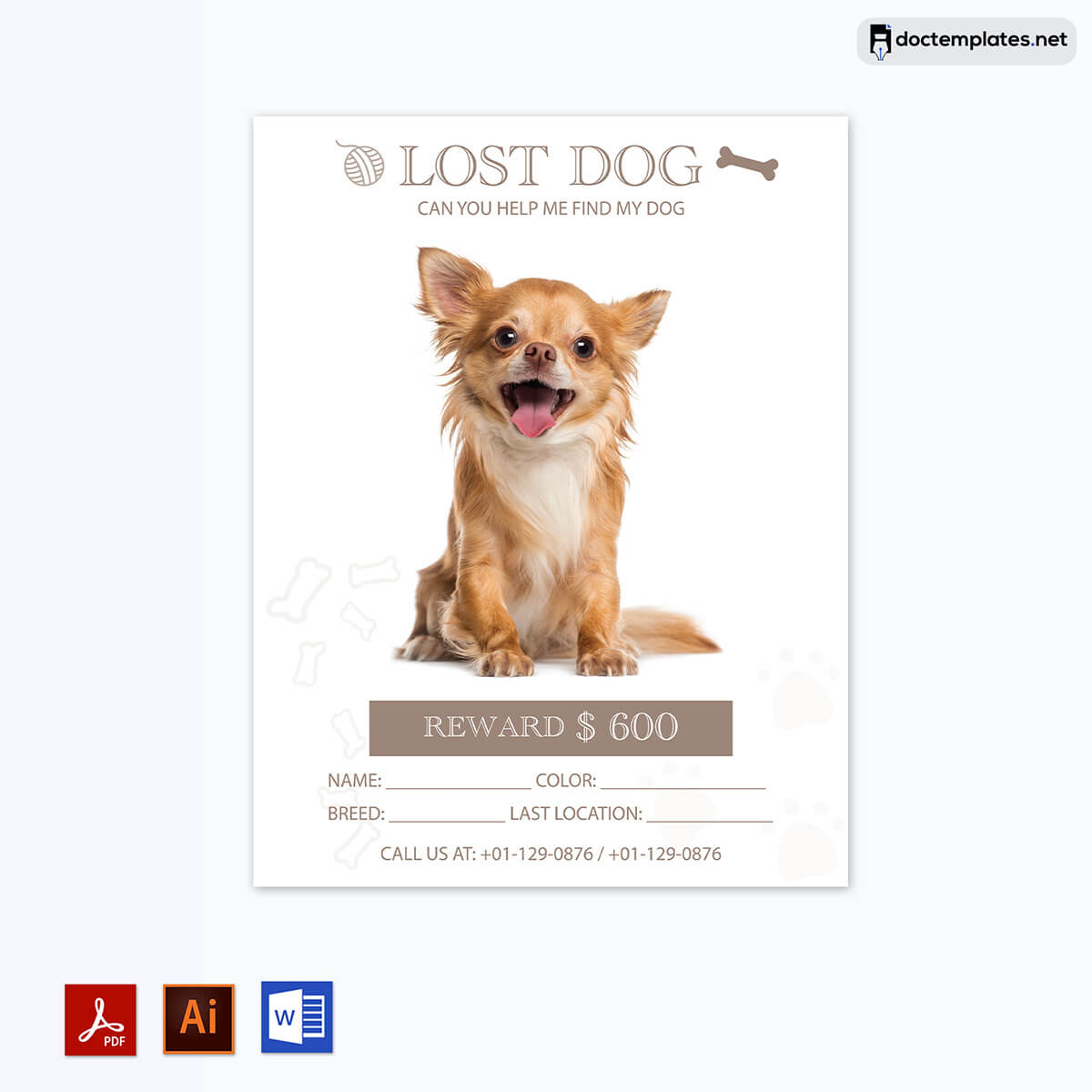 "Easy-to-Use Template" - Design a lost pet flyer quickly and effortlessly with this user-friendly template.