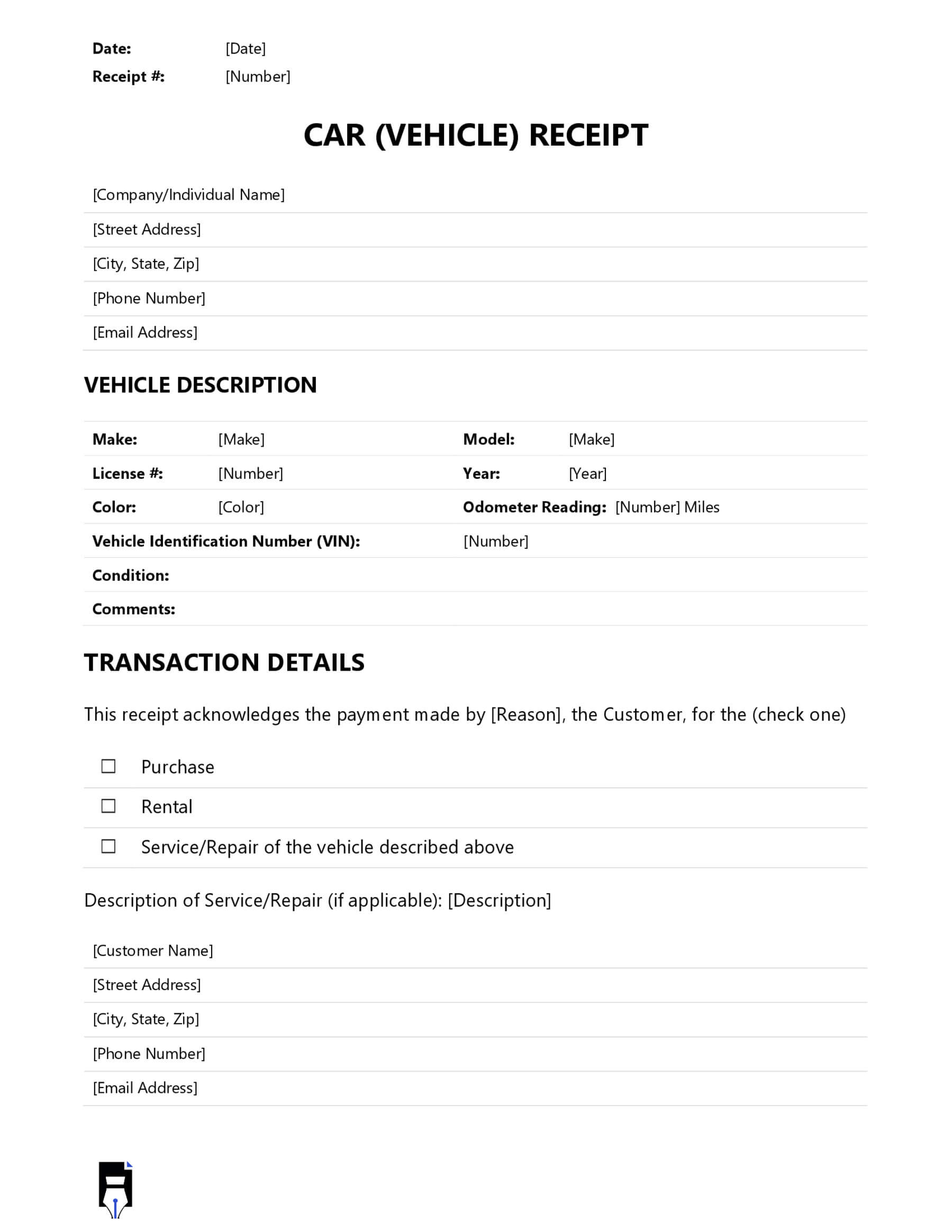 Free Printable Car (vehicle) receipt Template in Word