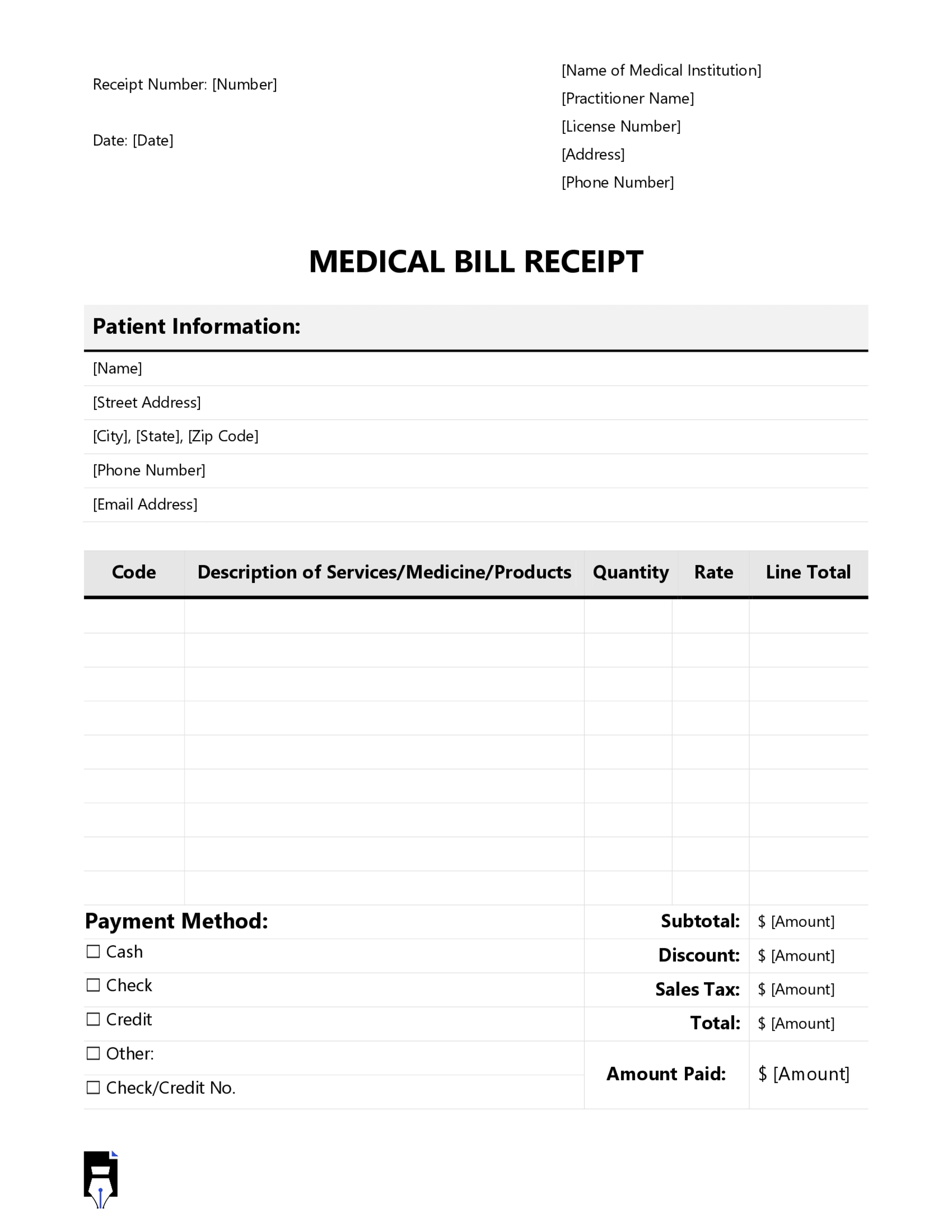 ditable Medical Bill Receipt Template in Word