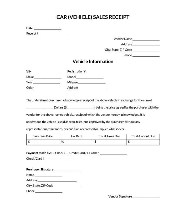 Car Vehicle Sales Receipt Template