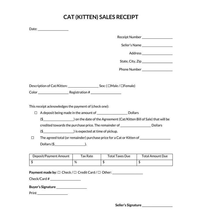 Cat Kitten Sales Receipt Template
